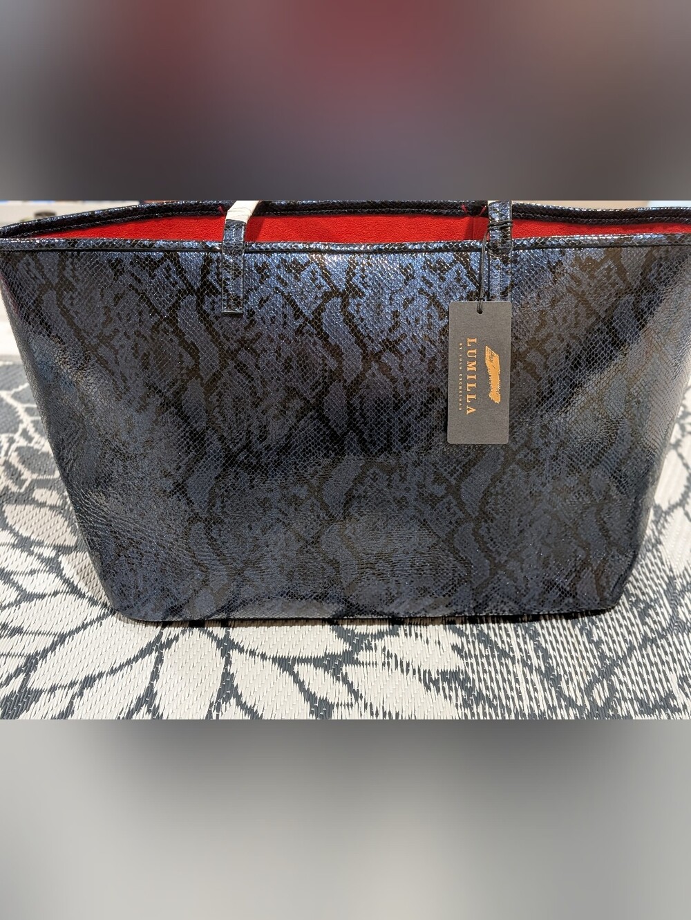 LUMILLA by Lulu Eschelman Lucca Maxi Blue Snake Leather Tote Bag w/ Red Interior